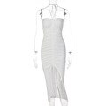 JuliaFashion - 2024 Ruched Bodycon Sexy Slit Tight Midi Dress