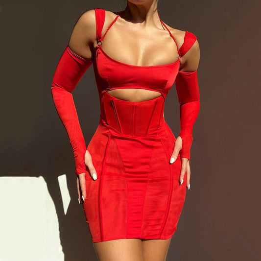 JuliaFashion - 2024 Sexy Backless Mesh Sheer Halter Corset Cutout Dress