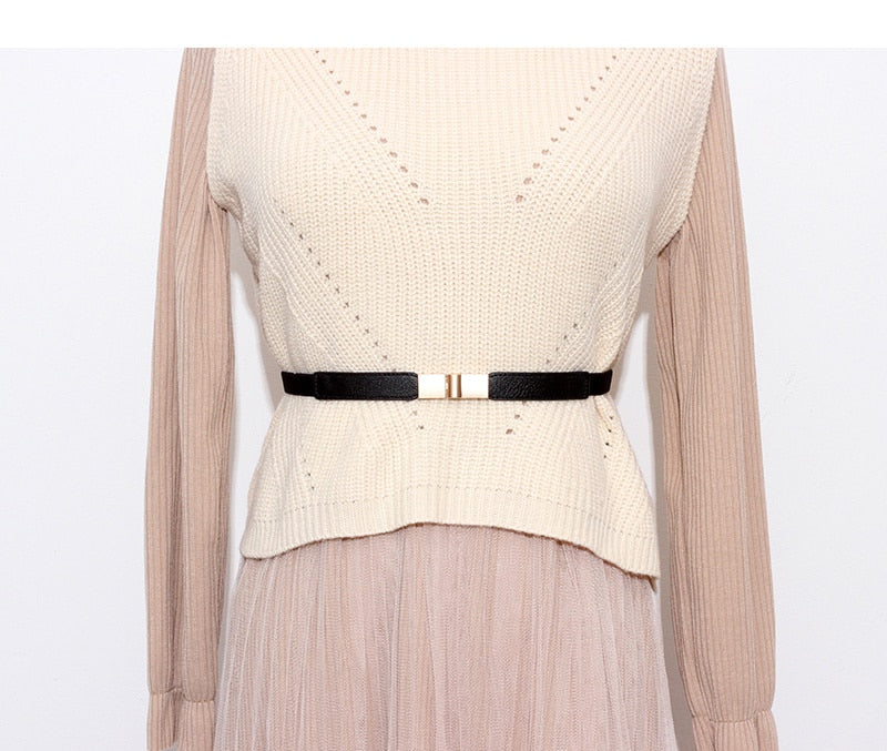 JuliaFashion - 2024 Women Simple Waist Elastic Ladies Dress Sweater Suit Jacket Thin Belts