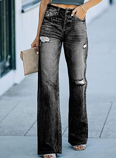 JuliaFashion-High Waist Slim Jeans Flared Street Wide Leg Wash Pants