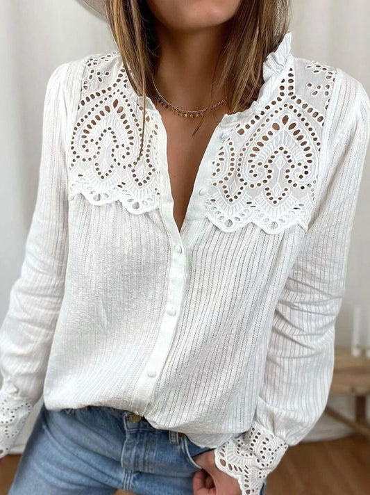 JuliaFashion - 2024 Women Loose Cotton Lace Shirt Tops Casual Blouse