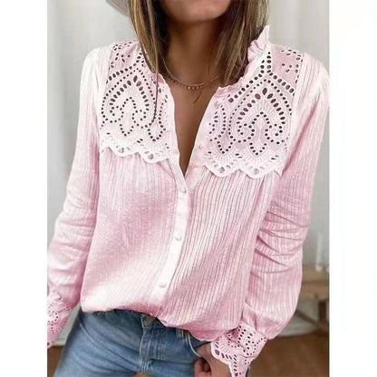 JuliaFashion - 2024 Women Loose Cotton Lace Shirt Tops Casual Blouse