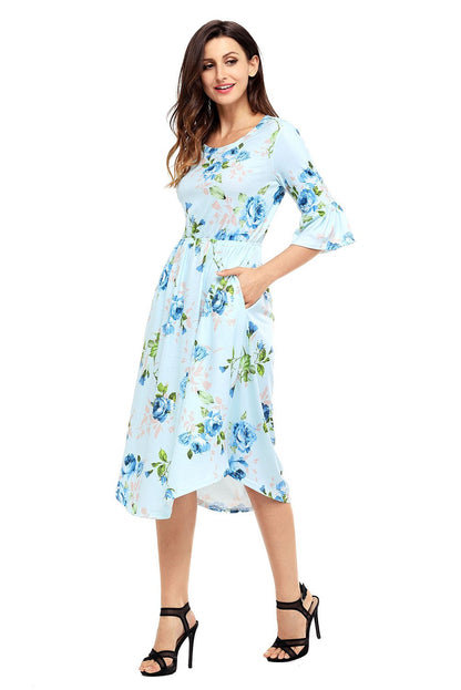 JuliaFashion-Find Me Floral Print Bell Sleeve Midi Dress