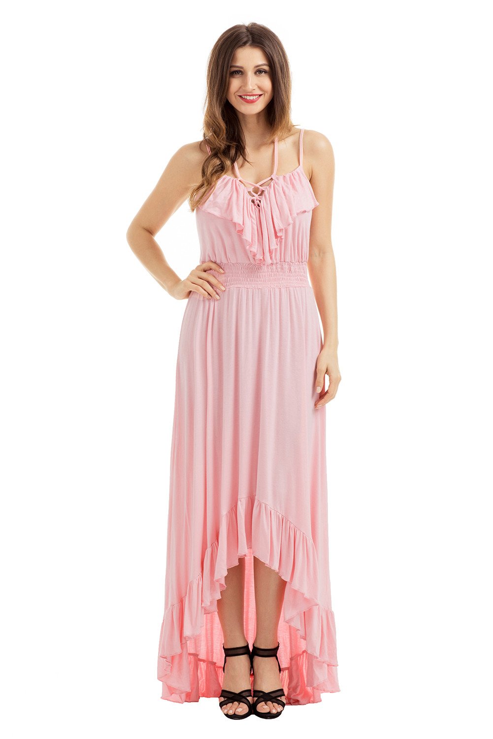 JuliaFashion-Light Pink Lace Up V Neck Ruffle Trim High-low Maxi Dress