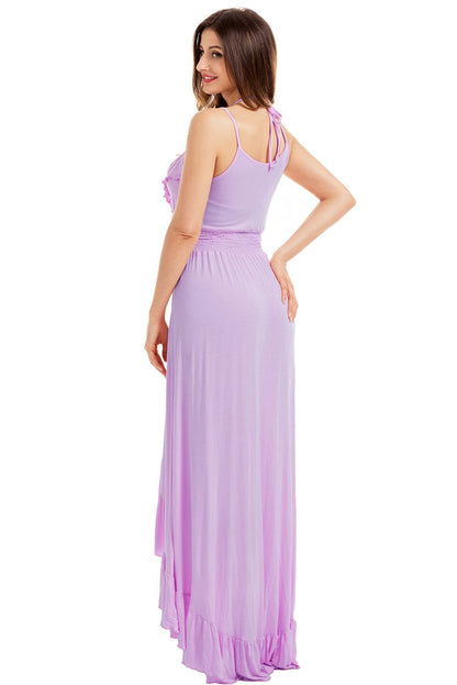 JuliaFashion-Lilac Lace Up V Neck Ruffle Trim High-low Maxi Dress