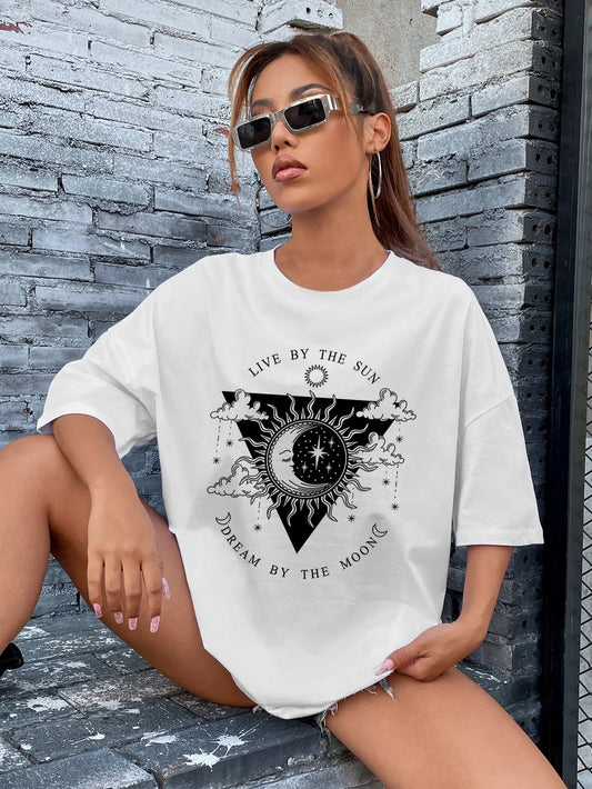 JuliaFashion-Live By The Sum Dream By The Moon Cotton T-Shirt Individual Street Tee Shirt Breathable Casualtshirt Vintage Soft Man Tshirts