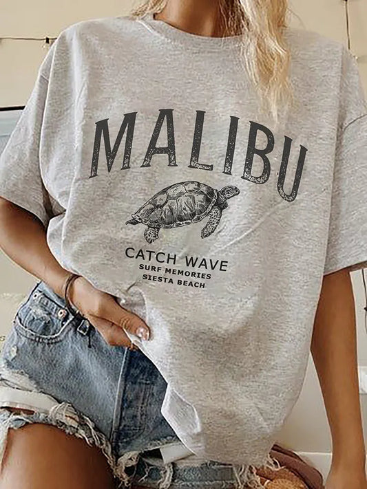 JuliaFashion-Malibu Catch Wave Sea Turtle Printed Womans Tee Clothing Vintage Casual Crewneck Tops Fashion Personality Street Female T-Shirts