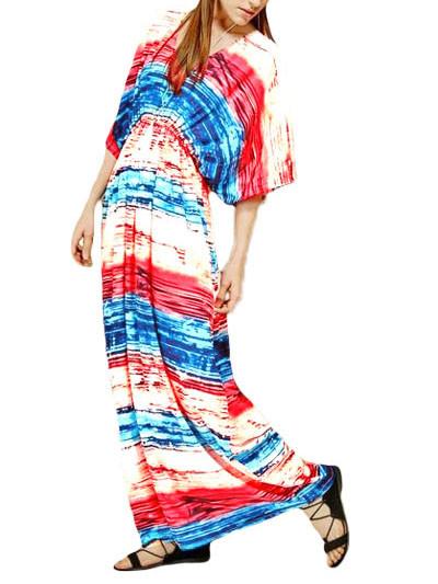 JuliaFashion-Multicolored Tie Dye Print Kaftan Maxi Dress