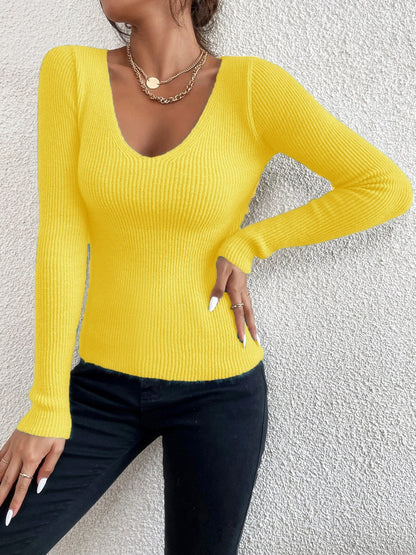 JuliaFashion-Casual Knit V-Neck Pullover Sweater Basic