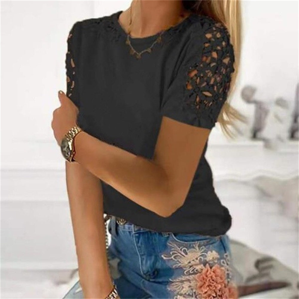 JuliaFashion - 2024 Women Short Sleeve Lace Patchwork Loose Sexy O-Neck T Shirt