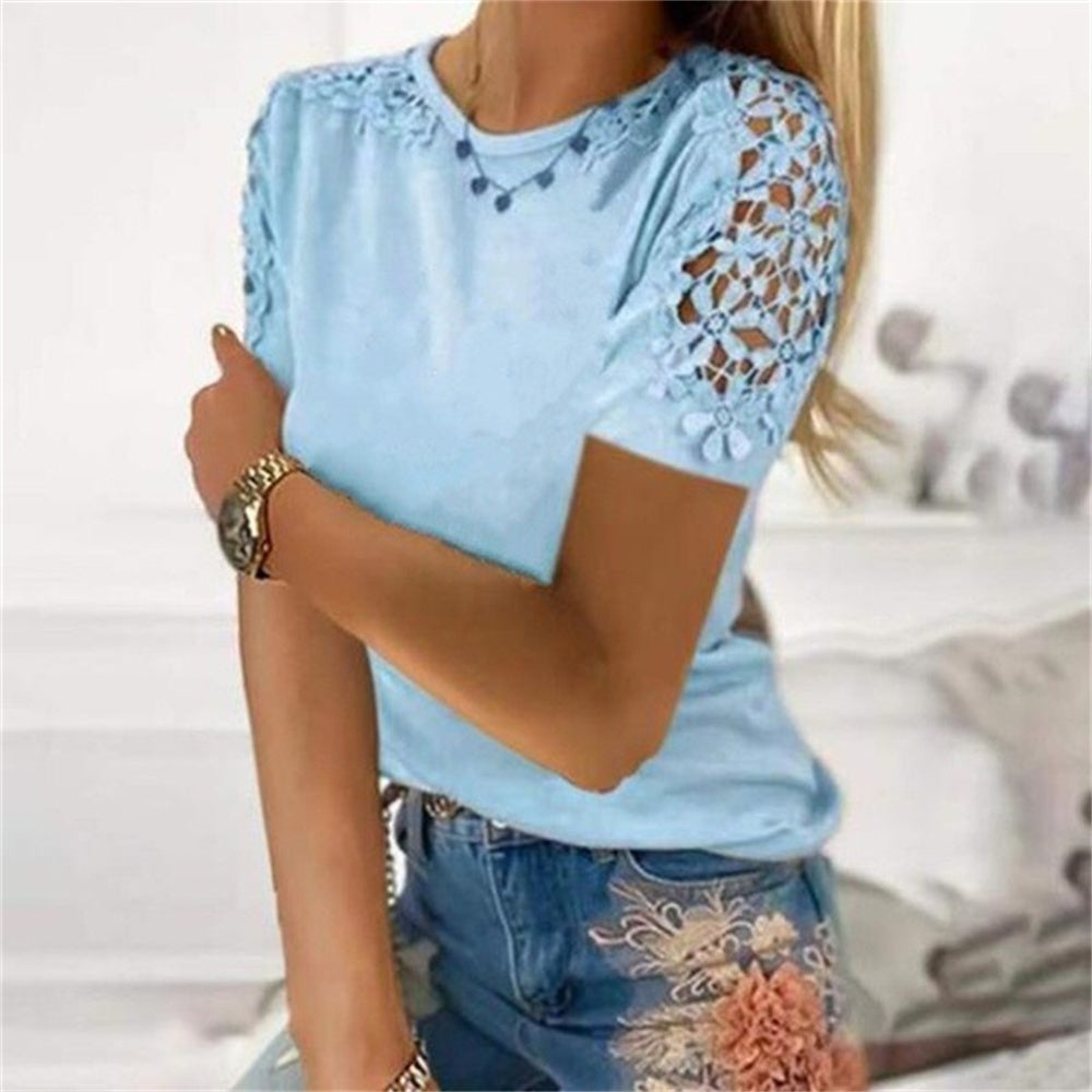 JuliaFashion - 2024 Women Short Sleeve Lace Patchwork Loose Sexy O-Neck T Shirt