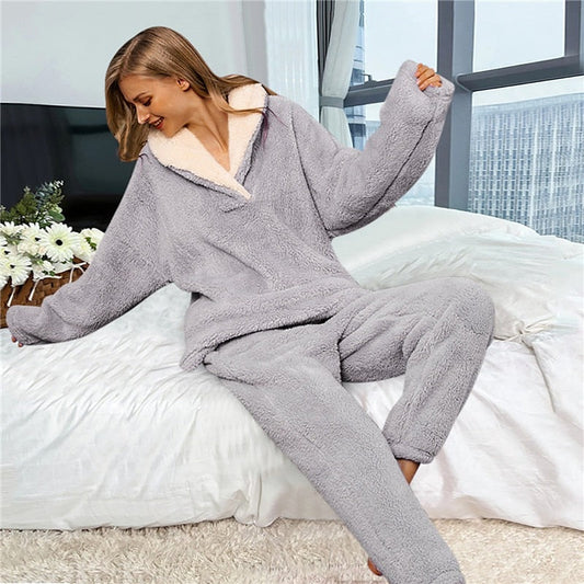 JuliaFashion - 2024  Solid Long Sleeve Winter Fluffy Pijama Suit