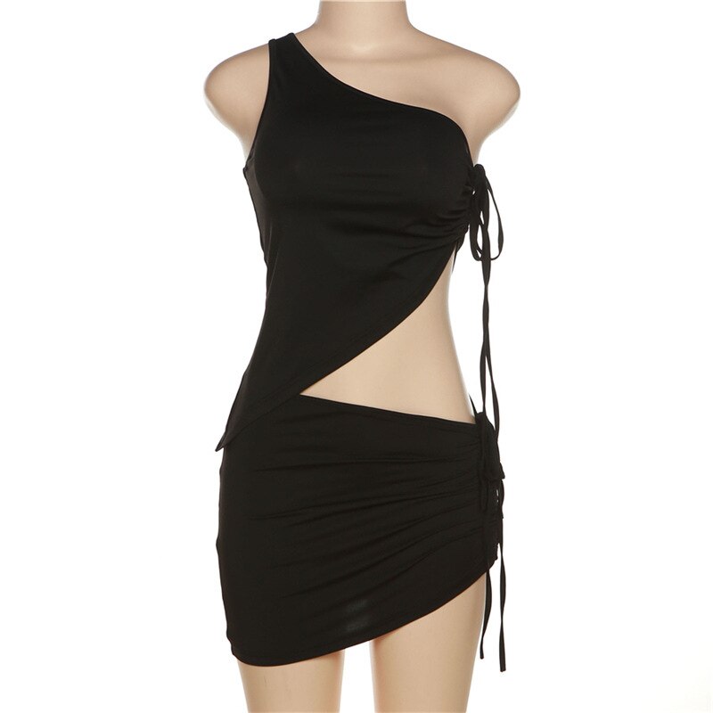JuliaFashion-Black One-Shoulder Party Night Club Mini Cutout Dress