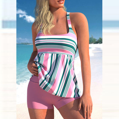 JuliaFashion - 2024 Women Plus Size Striped Halter Two Piece Tankini Bathing Suit
