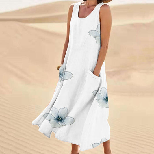 JuliaFashion - 2024 Sleeveless Round Neck Floral Midi Dress