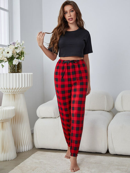JuliaFashion - 2024 Red Black Plaid Long Pants Crop Tops Pajamas Set