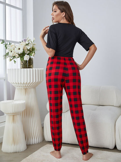 JuliaFashion - 2024 Red Black Plaid Long Pants Crop Tops Pajamas Set