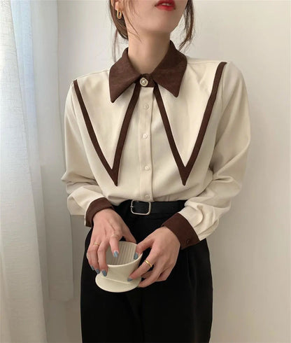 JuliaFashion - 2024 Sharp Ruffle Turn Down Collar Blouse Women Tops Korean Fashion Clothing