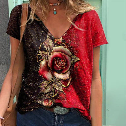 JuliaFashion - 2024 Women Summer Flower Print V-Neck Short Sleeve Tee Shirts