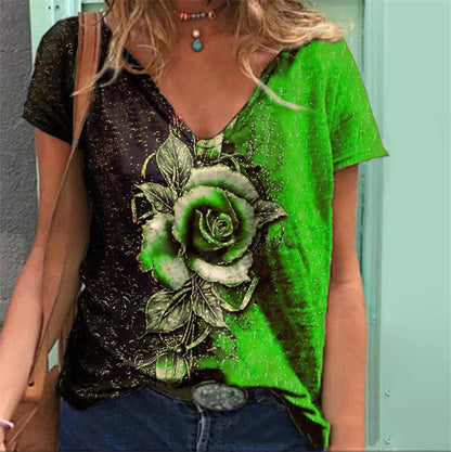 JuliaFashion - 2024 Women Summer Flower Print V-Neck Short Sleeve Tee Shirts