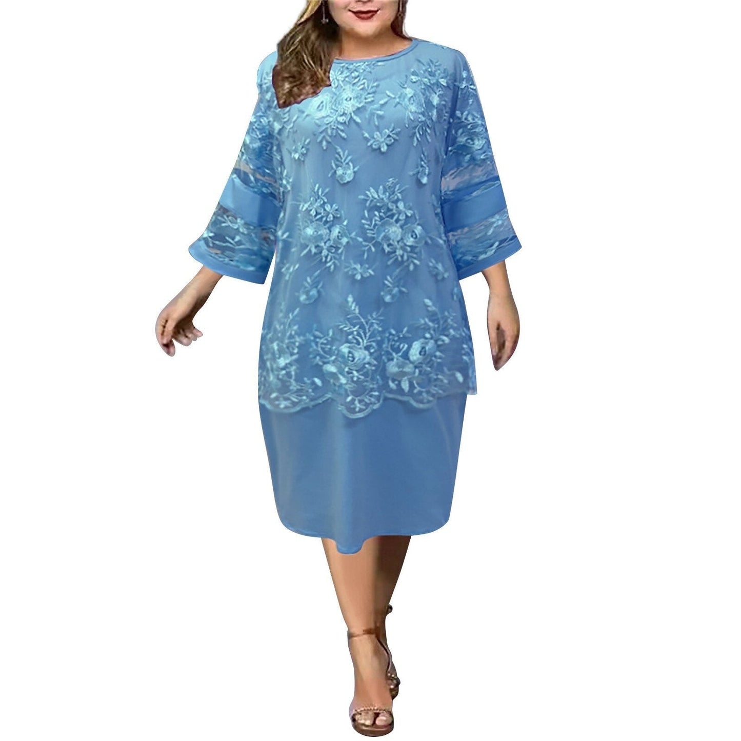 JuliaFashion-Plus Size Lace Mesh Elegant Midi Dress