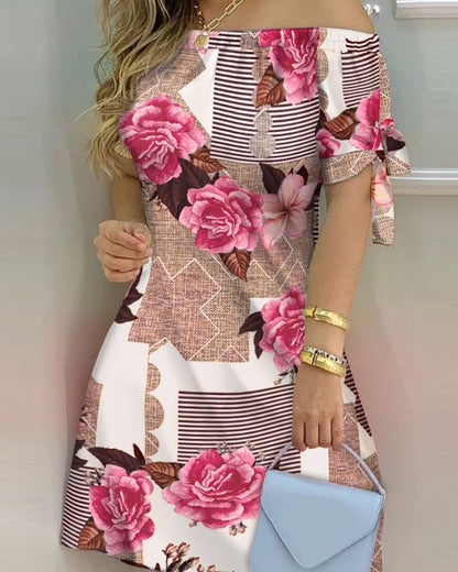 JuliaFashion - 2024 Women Off Shoulder Summer Mini Dress Short Sleeve Bow Tie Striped Plaid Floral Vestidos