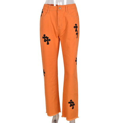 JuliaFashion - 2024 Sifreyr Cross Embroidery Orange Jeans Women Low Waist Straight Streetwear Casual Baggy Jeans