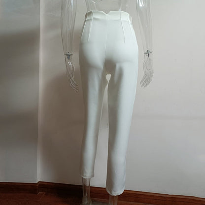 JuliaFashion-Fashion High Waisted Casual White Trousers