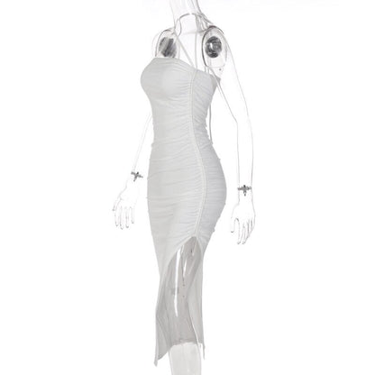 JuliaFashion - 2024 Ruched Bodycon Sexy Slit Tight Midi Dress