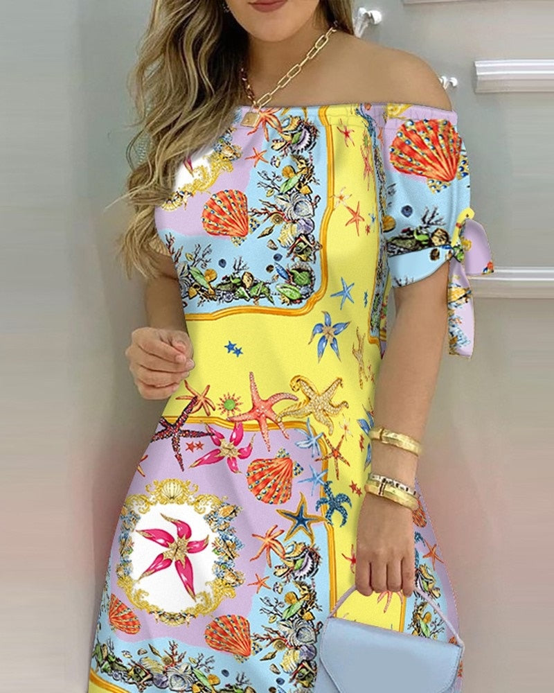JuliaFashion - 2024 Women Off Shoulder Summer Mini Dress Short Sleeve Bow Tie Striped Plaid Floral Vestidos
