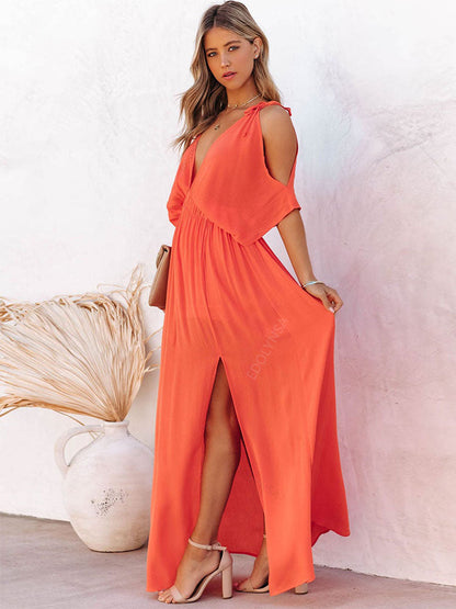 JuliaFashion - 2024 Summer Elegant Solid Color Beach Wear Maxi Dresses