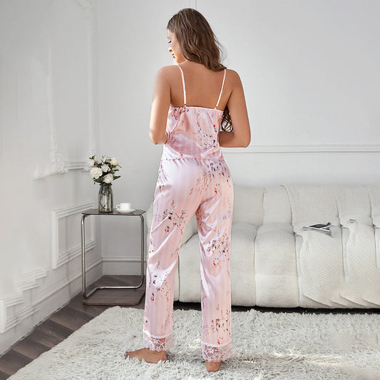 JuliaFashion - 2024 Sexy Floral Print Trouser Satin Sexy Pajamas Set