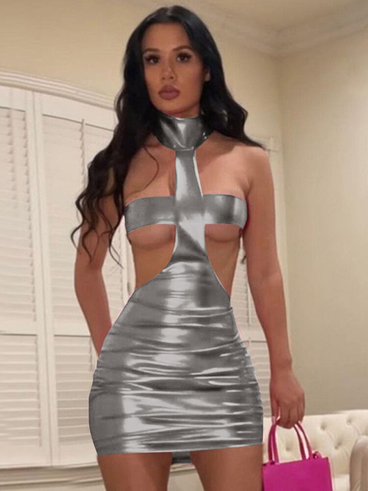 JuliaFashion - 2024 Sexy Halter Sleeveless Cut Out Bodycon Mini Dress