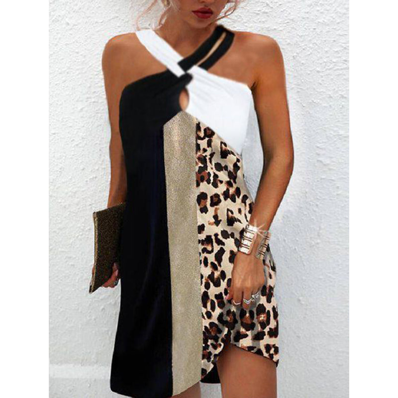 JuliaFashion - 2024 Sexy Halter Neck Leopard Patchwork Printed Sleeveless Mini Dress
