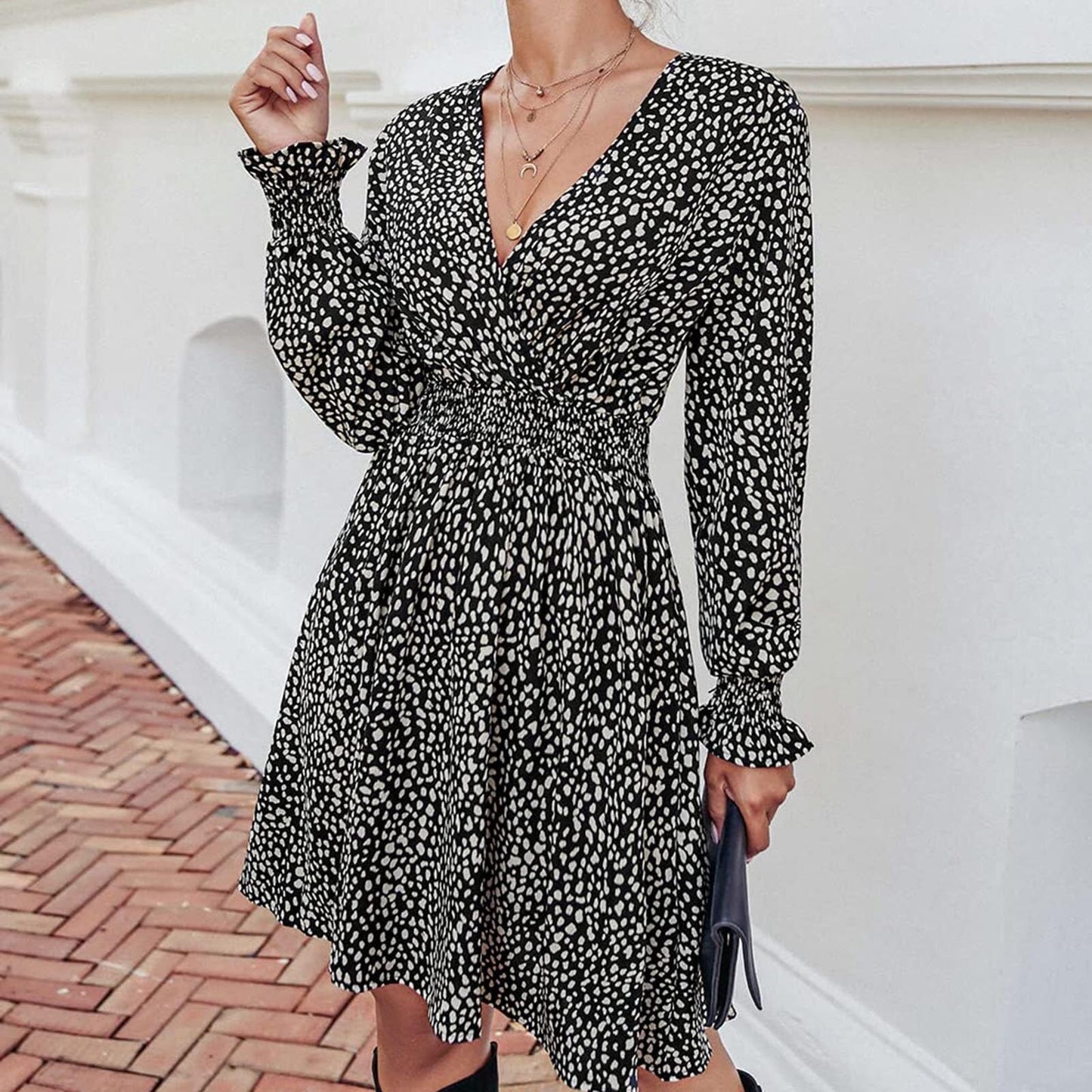 JuliaFashion-Elegant Leopard Print V Neck Mini Dress