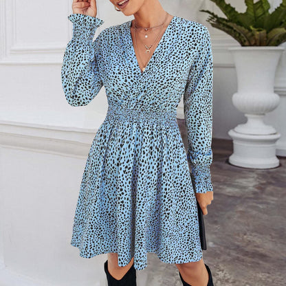 JuliaFashion-Elegant Leopard Print V Neck Mini Dress