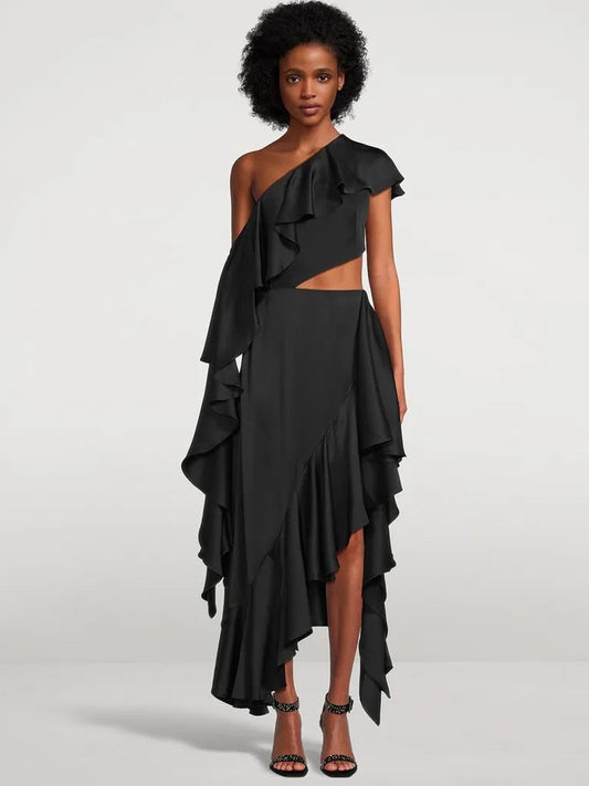 JuliaFashion - 2024 Sexy Black Slanted Shoulder Midi Cutout Dress