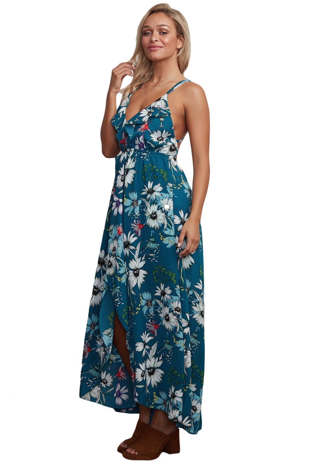 JuliaFashion - 2024Slate Blue Floral Chiffon Spaghetti Straps Maxi Dress