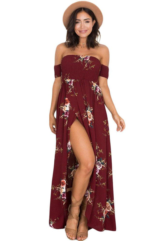 JuliaFashion - 2024 Smoked Off Shoulder Burgundy Floral Maxi Dress