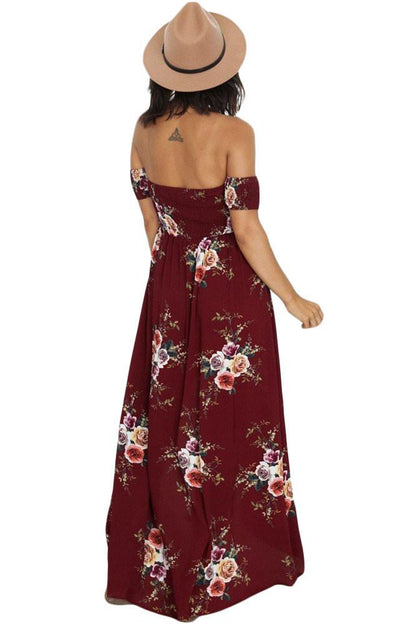 JuliaFashion - 2024 Smoked Off Shoulder Burgundy Floral Maxi Dress