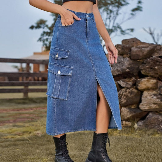 JuliaFashion - 2024 Trendy Elastic Waist Denim Half-Length Skirt