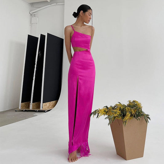 JuliaFashion-Elegant High Waist Tassel Cut Out Maxi Dress