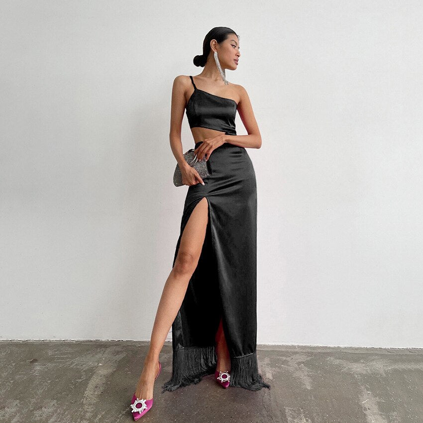 JuliaFashion-Elegant High Waist Tassel Cut Out Maxi Dress