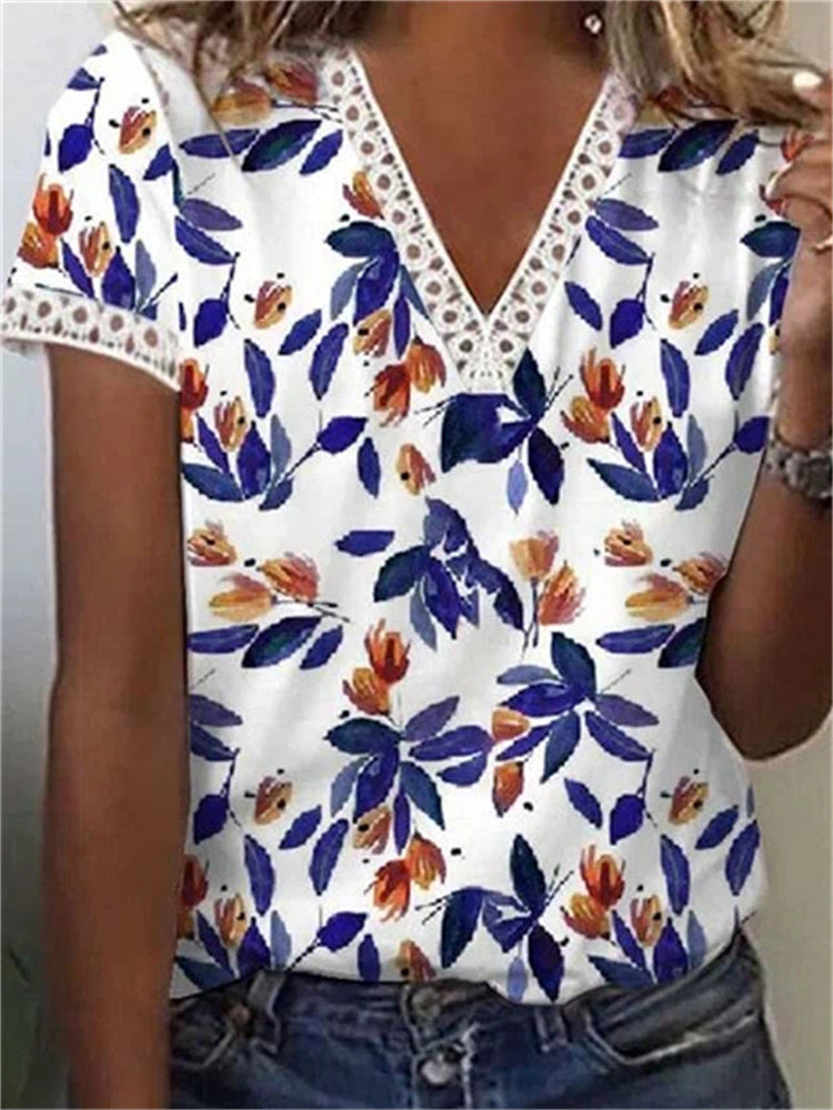 JuliaFashion - 2024 Women Summer Casual Lace Stitched V-Neck T-shirt