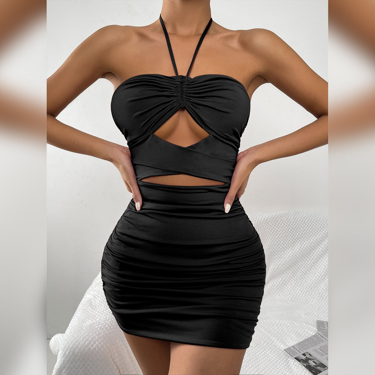 JuliaFashion - 2024 Sexy Black Sleeveless Cutout Bodycon Dress