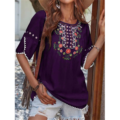 JuliaFashion - 2024 Women Casual O-Neck T Shirt Vintage Ethnic Floral Print Loose Top