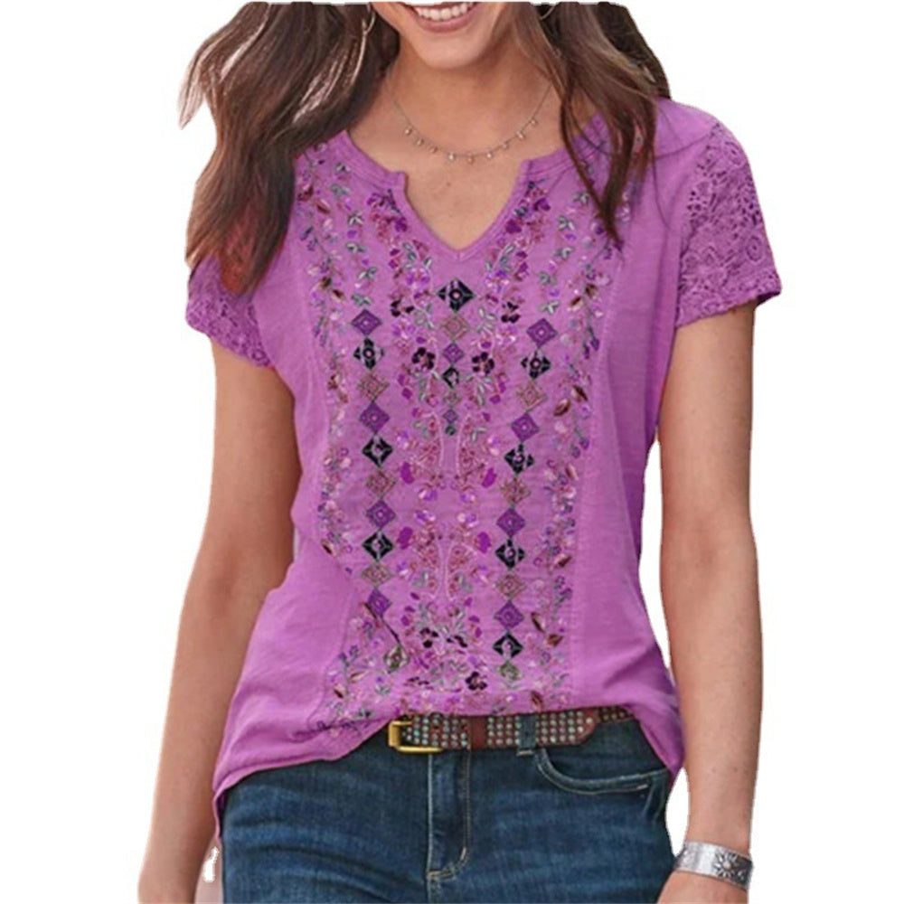 JuliaFashion - 2024 Women Casual V-Neck T Shirt Vintage Boho Ethnic Floral Print Loose Top