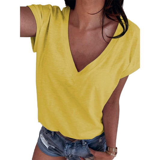 JuliaFashion - 2024 Women Casual V-Neck Solid Color Short Sleeves Top
