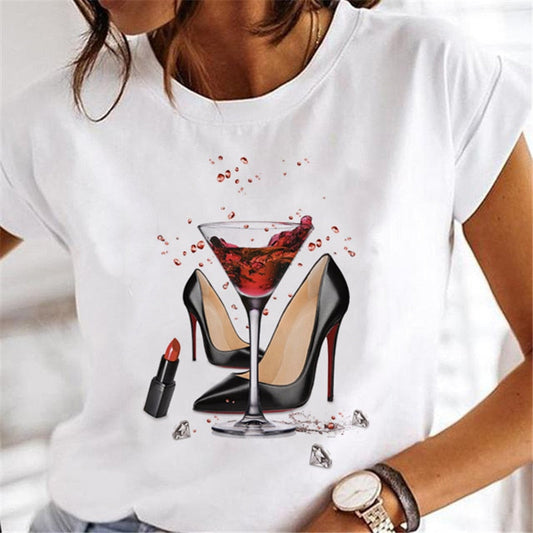 JuliaFashion - 2024 T-shirts Women Sweet Wine Print Girl 90s Cartoon Printing Clothes