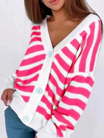 JuliaFashion - 2024 Women V-neck Knitted Loose Striped Sweater Jacket Cardigan